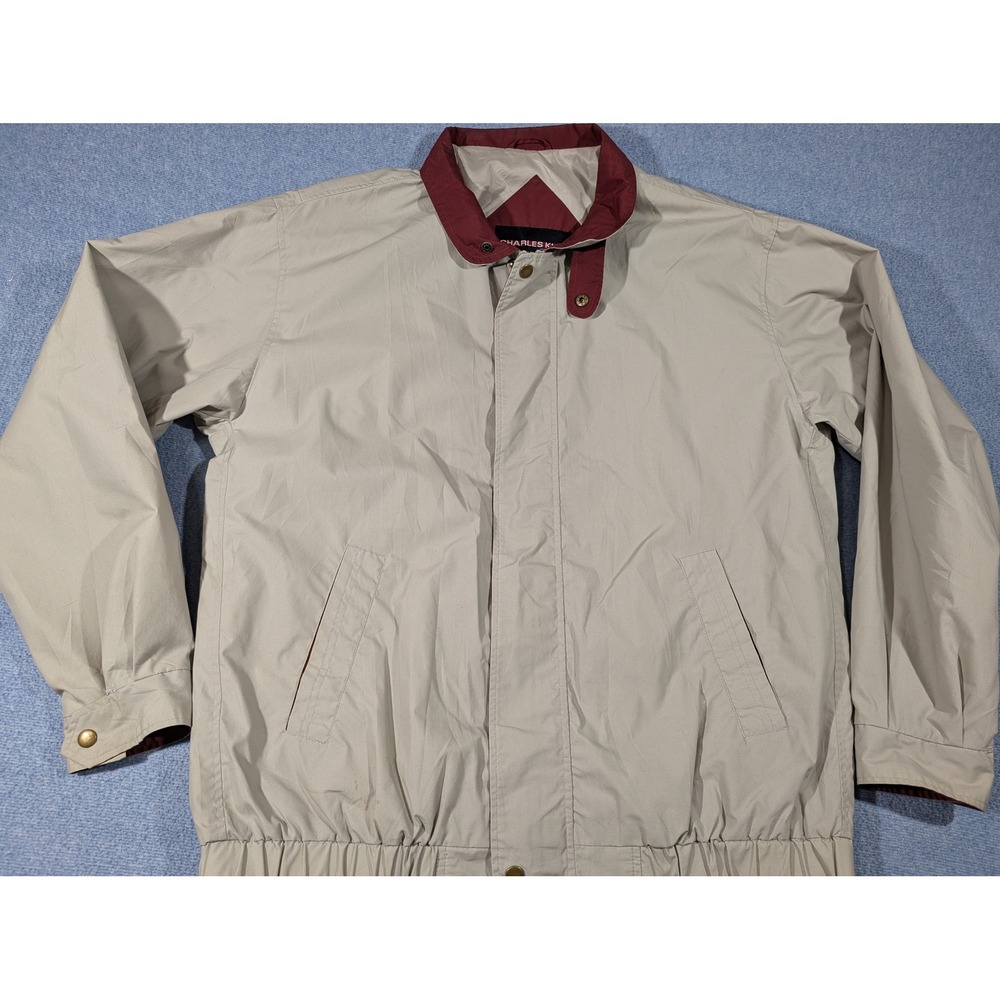 Charles Klein Windbreaker Harrington Jacket Mens XL Tan Burgundy Collar Full Zip